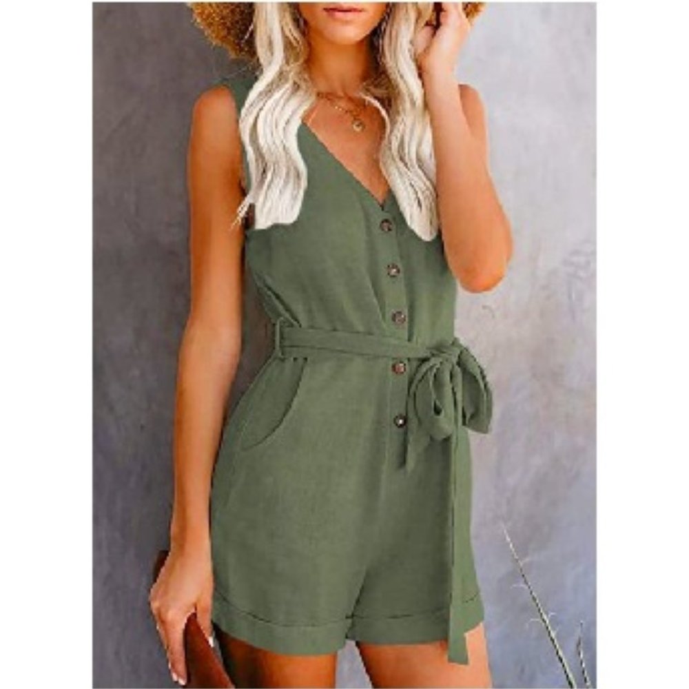Women V Neck Bat Sleeve Belted Wrap Short Jumpsuit